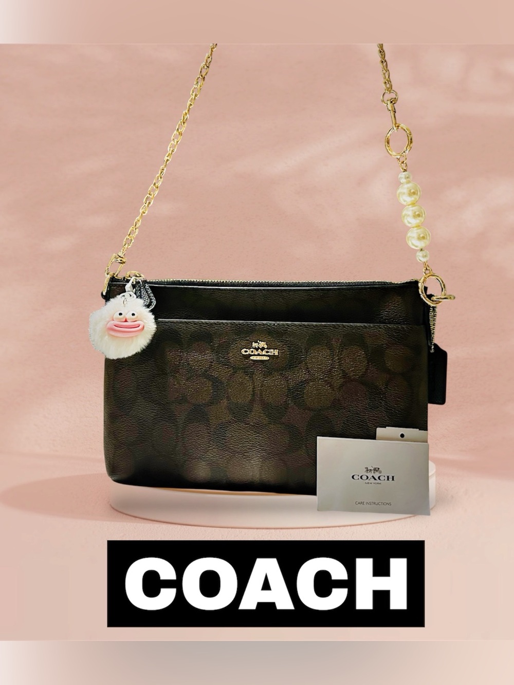 COACH Black Signature Monogram Chain Crossbody with Pearl Accent - Picture 9 of 17